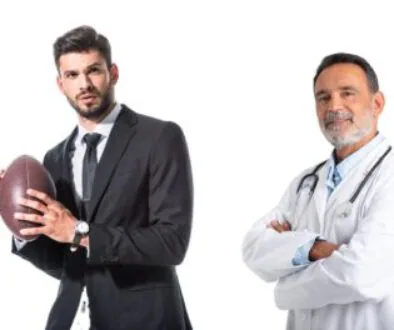 medical sales rep with football and doctor