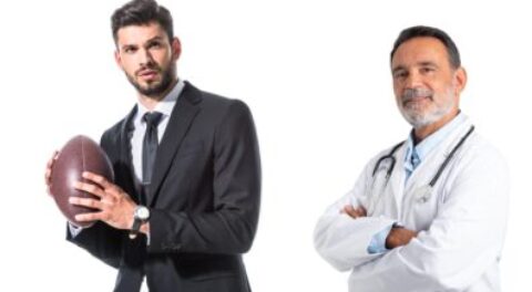 medical sales rep with football and doctor