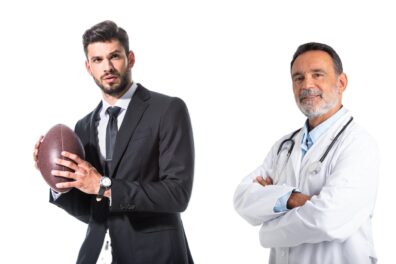 medical sales rep with football and doctor